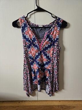 Navy Floral-Print Sleeveless Tank with Coral Accents